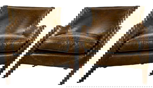 Pair of Leather Club Chairs: Pair of Nobel House Furniture Club chairs upholstered in chocolate leather - 34 x 27 x 33"