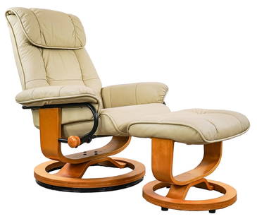 Ersatz Stressless lounge and ottoman: Stressless lounge chair after Ekornes in white leather with ottoman, 37 x 29 x 29" 15 x 17 x 21"