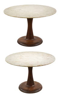 Brendan Reilly for Reilly-Wolff Round Marble Top Side Tables: Pair of Brendan Reilly for Reilly-Wolff round travertine tulip base side tables- 15 x 24" diameter