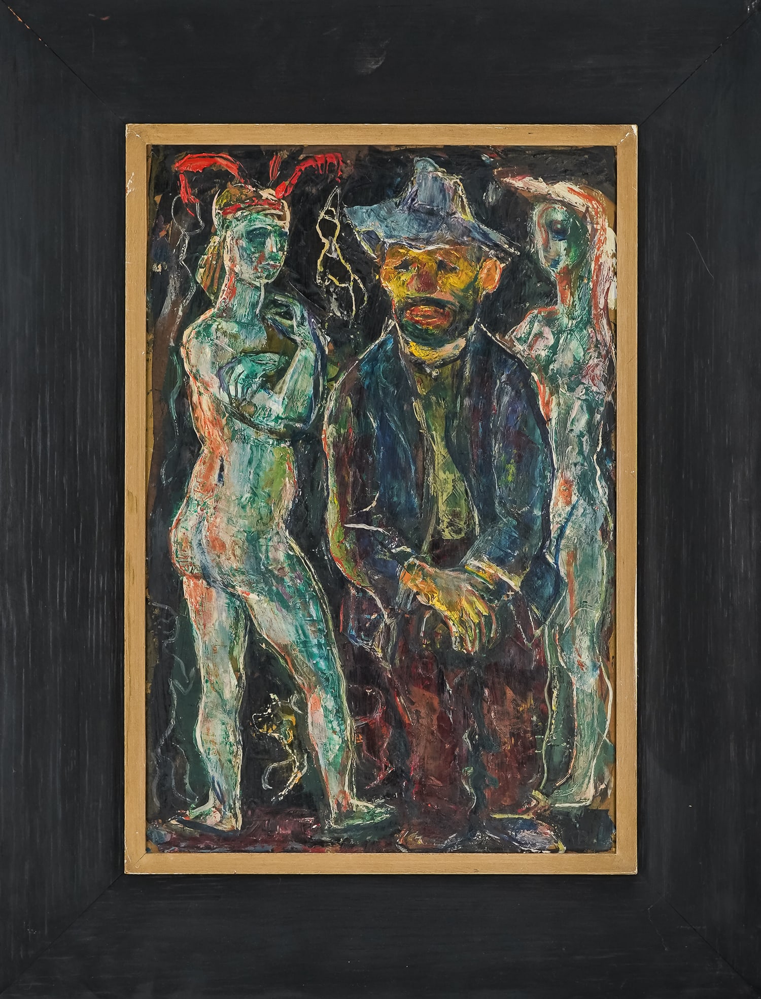 Ca. 1960 Oil on Masonite Modernist Genre Scene: Oil on masonite 14" x 18" with original frame modernist genre scene of sitting man in hat with ghost like female figures.