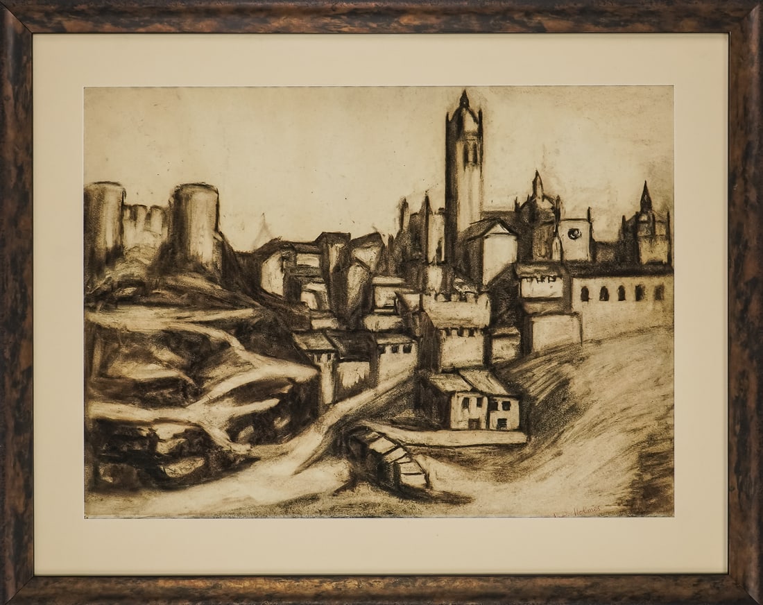 Wash on Paper Town Scene by T D Holmes: Wash on paper of European town scene circa 1900. Signed P D Holmes.