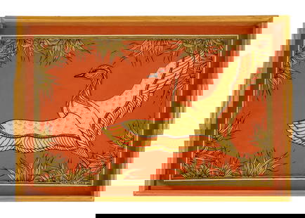 Hermes - Paris Tray: Wooden tray with handles having a flying duck motif with a plexi coating. Suede backing (some staining on back) Signed Hermes Paris. 20" x 14".