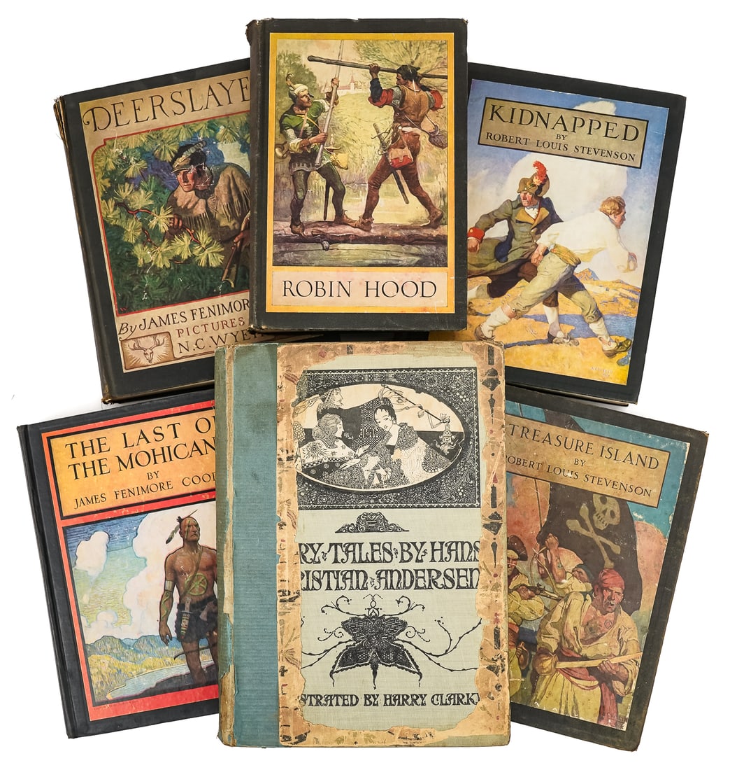 Vintage Youth Books: A group of vintage books including illustrated youth books -Robin Hood, Deer Slayer, The Last of the Mohicans, Kidnapped, and Treasure Island. And more.