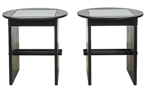 Pair Modern Lamp Tables: Pair of modern round small lamp tables in black stain with glass square centers and double cross peg supports. 18" diameter, 18" h.
