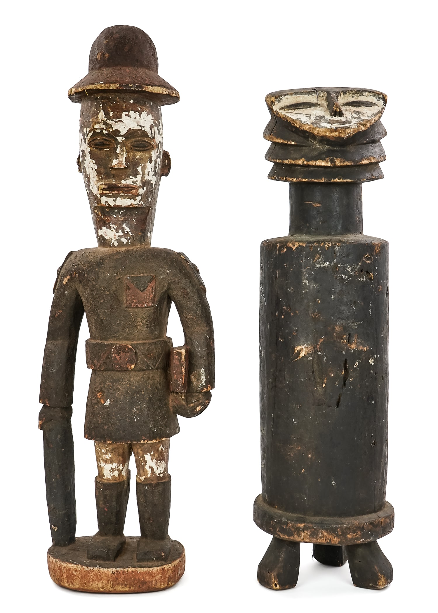 Two 20th c African Statues: Mid 20th c Ivory Coast policeman, Gabon cylinder statue, hts 27", 30"