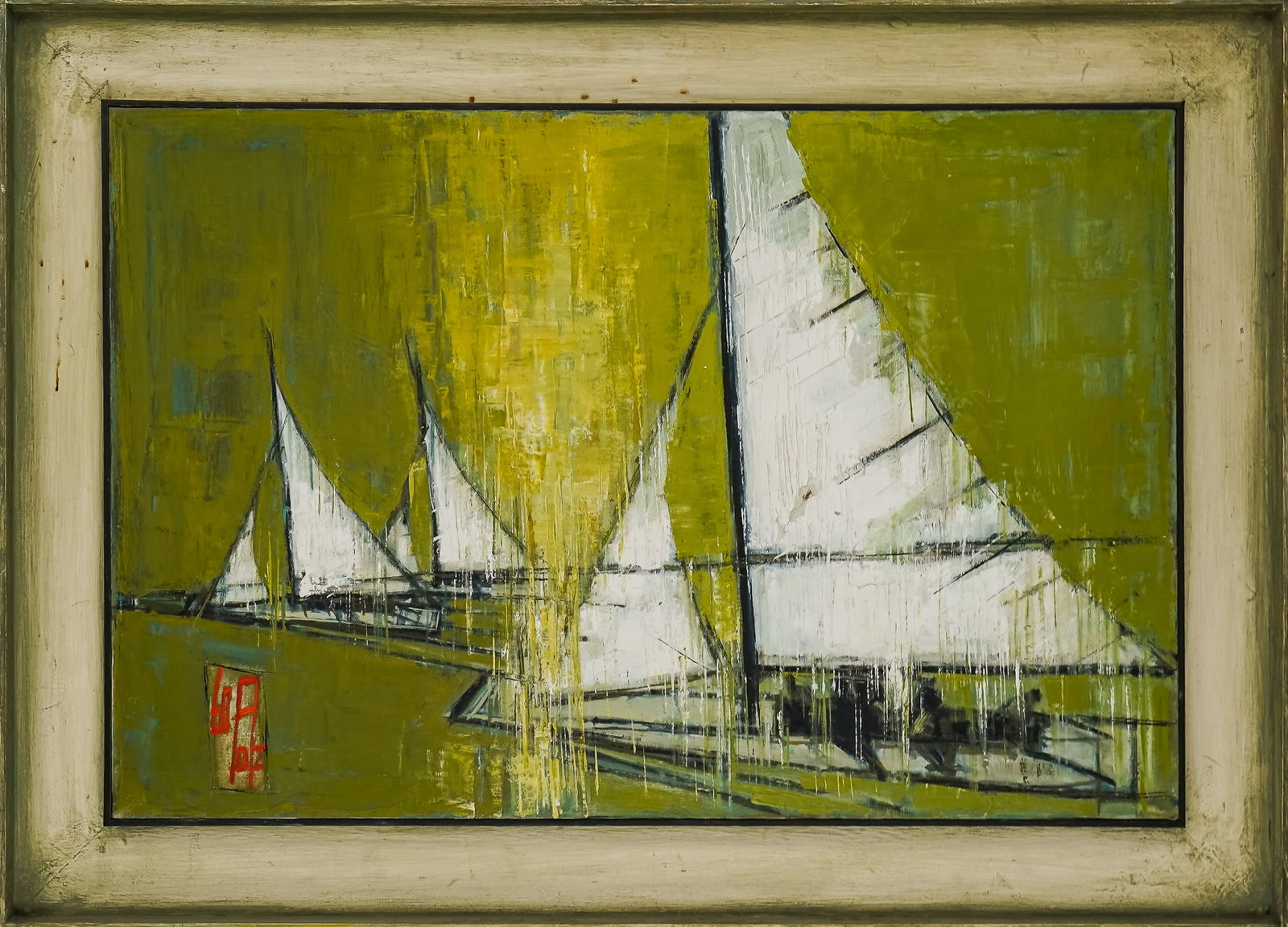 Circa 1960 Studio Painting of sailboats: Circa 1960 Studio Painting of sailboats, with inscrutable monogram lower left, 24 x 36" 31.5 x 44" as framed.