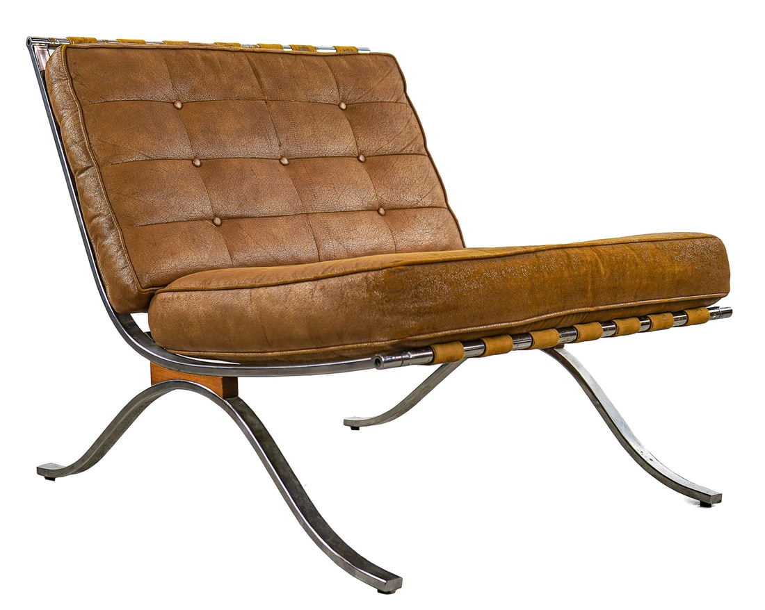 Ersatz Barcelona Chair: Ersatz Barcelona Chair chromed steel, worn Naugahyde covering, as found. 30 x 28 x 33" 17" to seat.