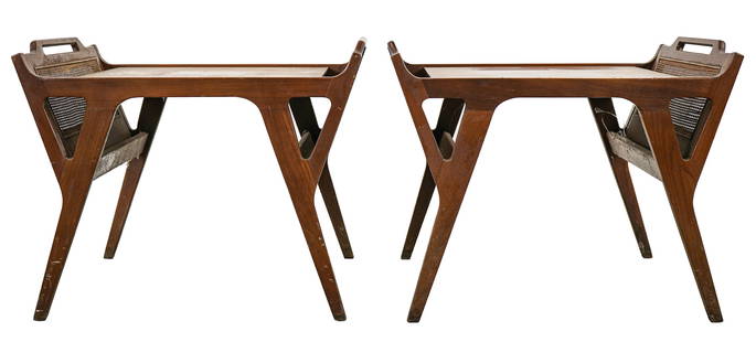 Pair of Mid Century end tables: Pair of Gordon's Fine Furniture mid century modern "MCM" walnut and cane side tables. 20 x 26 x 24"