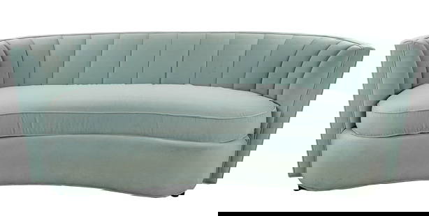 Precedent Furniture Sky Blue Velvet Sofa: Precedent Furniture Kidney shaped sky blue velvet 33 x 90 x 36" in very good overall condition.
