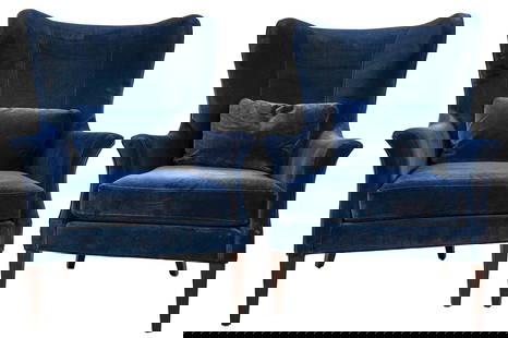 Pair of Contemporary Precedent "Tristen" Wing Chairs in Blue Velvet: Pair of contemporary Precedent "Tristen" wing chairs in blue velvet. Sherrill Furniture Co, Like new condition, very clean overall, with little sign of use. 45 x 32 x 26"