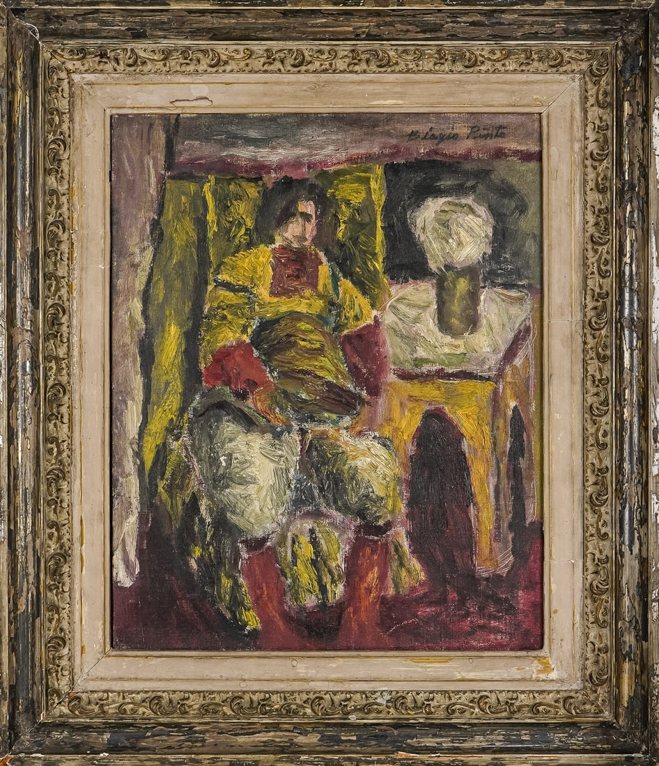 Biagio Pinto (Italian 1911-1989) Interior with Woman: Biagio Pinto (Italian 1911-1989) Interior with Woman- oil on canvas signed upper right and on stretcher. 15 x 12" 18 x 21" as framed.