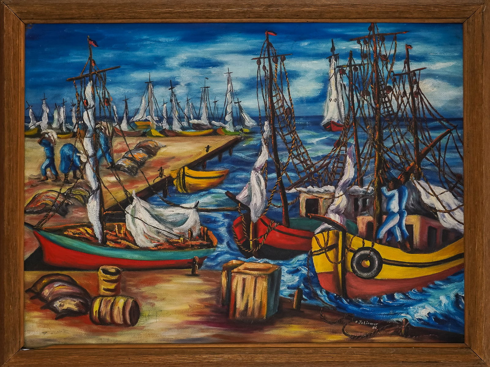 Emmanuel Jolicoeur (HA 1928-) Dock Scene: Emmanuel Jolicoeur (Haitian 1928-) Dock Scene oil on masonite signed lower right 24 x 34" 29 x 39" as framed.