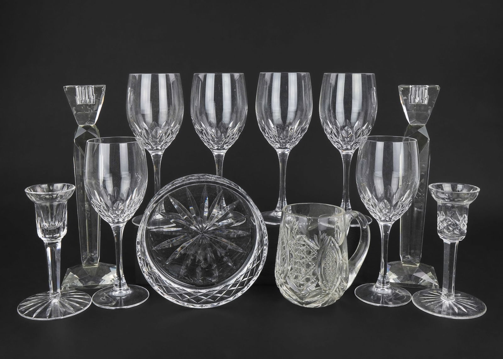 Waterford, Durand and Shannon Crystal Tableware: Group of assorted crystal tableware including set of 6 signed Durand wine goblets, Waterford serving bowl, mug and pair of candlesticks, and a pair of Shannon crystal candlesticks. Overall good condit