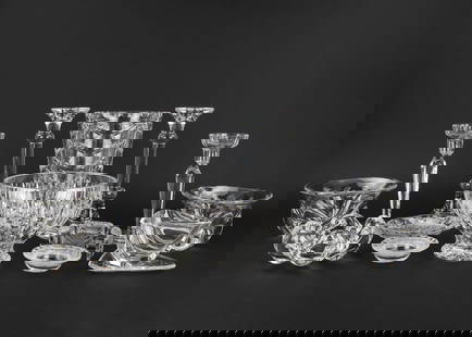 Waterford, Lalique, Orrefors Glassware: Large group of crystal tableware including signed Waterford centerpiece bowl, Waterford bouquet vase, pair of Val St. Lambert candlesticks, Val St. Lambert triangular bowl and under plate, 2 Orrefors