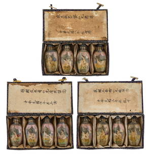 Chinese Erotic Bride's Perfume Bottle Sets: Three Chinese erotic bride's perfume bottle sets (traditional wedding gifts ca 1905), with inscriptions for the brides on lids, bottles hts 3"