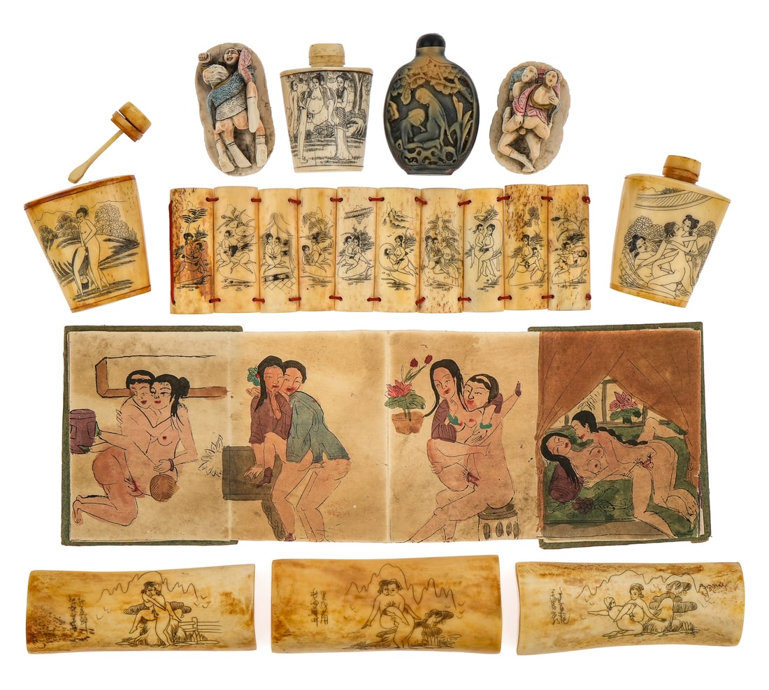 Chinese Erotic Scrimshaw, Snuff Bottles, Book: Chinese erotic ox bone scrimshaw, ox bon and carved stone snuff bottles, watercolor illustrated book, etc (11 pcs), lengths/ widths 2" to 9"