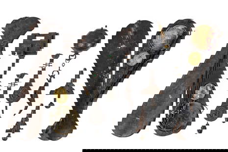 19th c Chinese Opium Scales, Locks, Tinder Box: Two 19th c Chinese opium scales, three 19th c Chinese locks, two Afghani sword hangers, and an 18th c iron tinder box with folding knife of unknown origin