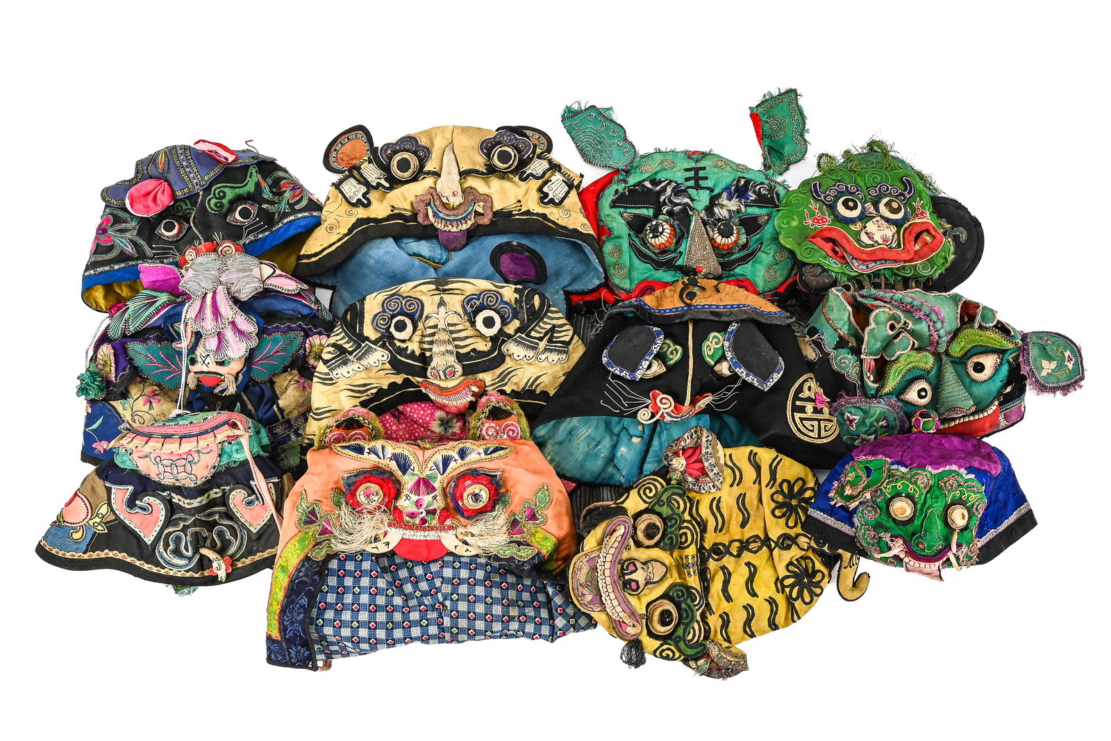 Chinese Children's Festival Hats: Late 19th- early 20th c Chinese children's festival cloth hats (12 pcs) all figural (zoomorphic)