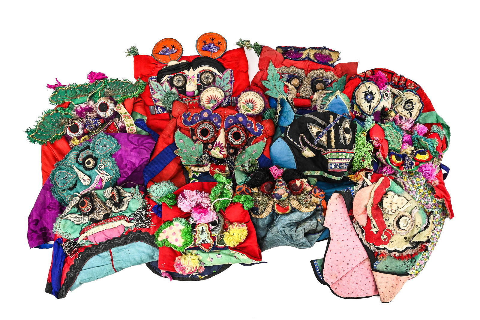Chinese Children's Festival Hats: Late 19th- early 20th c Chinese children's festival cloth hats (12 pcs) all figural (zoomorphic)