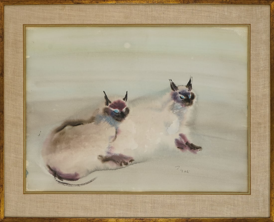 Watercolor on paper of Two Siamese Cats signed illegibly (1 of 4)