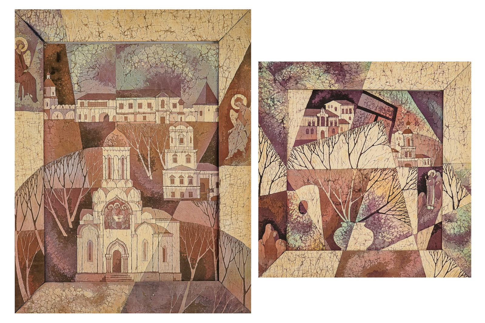 Two Russian Batik Landscapes in Batik frames: Two circa 1990 Russian Batik Landscapes in Batik frames one 30.5 x 30" one 38.5 x 30" signed reverse in Cyrillic