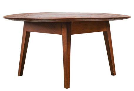 Custom Teak Canted Leg Round Coffee Table: Custom bench-made round coffee table having spectacular single board top with hand-chamfered edge, on pegged canted taper leg base, older shellac finish, overall good condition 37" x 18"