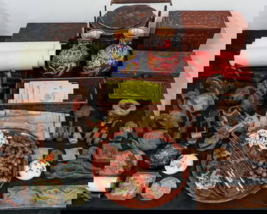 Large Group of Chinese Accessories: Large group of Chinese accessories, including lacquered boxes, leather box, bamboo food container, contemporary cloisonne vases, primitive iron fat lamp, iron camel bell, 5 iron horse stirrups, scroll