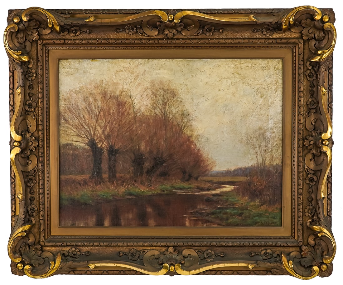 William Merritt Post (AM 1856-1936) Autumn Landscape: William Merritt Post (American 1856-1936) Autumn Landscape oil on canvas signed lower right 18 x 24" 28 x 34" as framed. Post was an accomplished tonalist painter known for his quiet and poetic rural