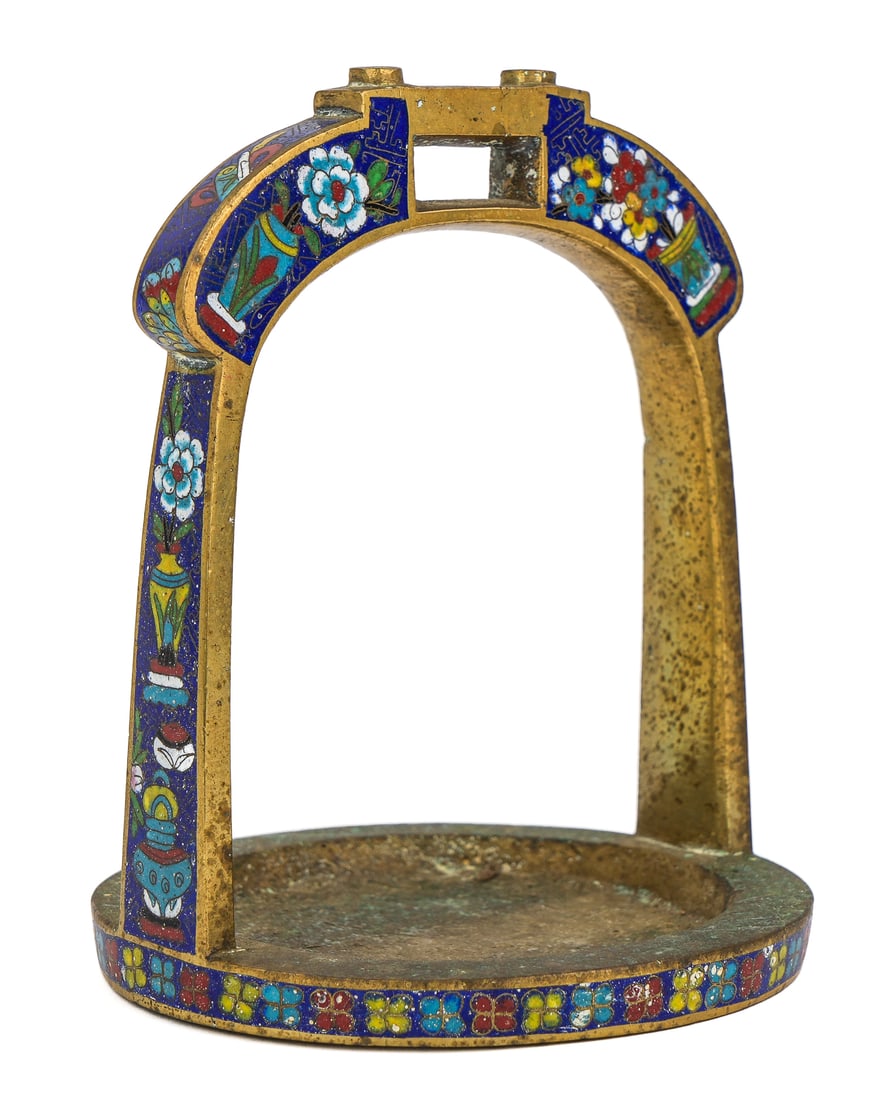 19th c Chinese Cloisonne Horse Stirrup: 19th c Chinese cloisonne enamel on brass horse stirrup, ht 5 3/4"