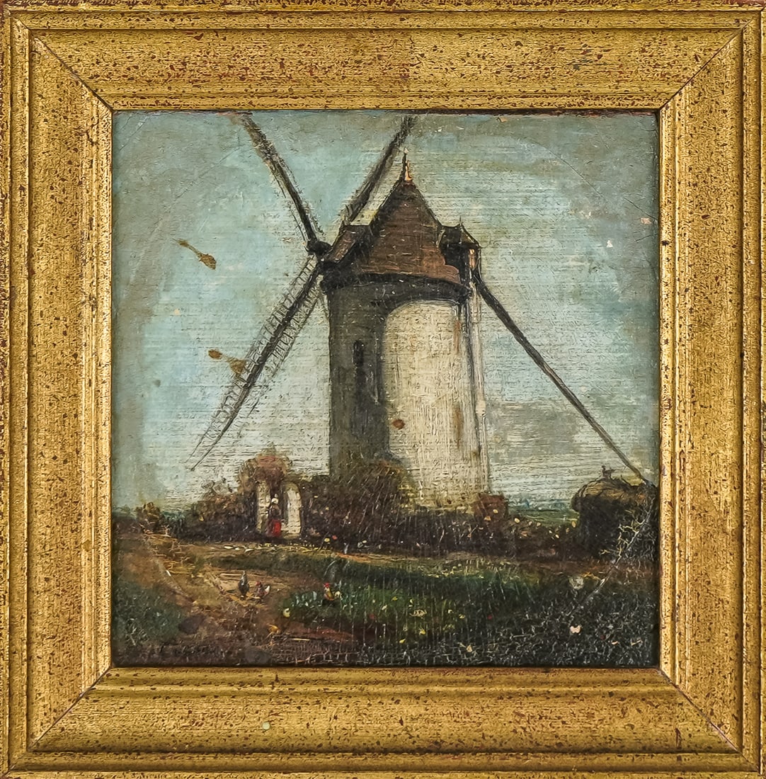 Eugene Ciceri (FR 1813-1890) Windmill: Eugene Ciceri (French 1813-1890) Oil on board of windmill signed lower left 5 x 5" 6.5 x 6.5" as framed.