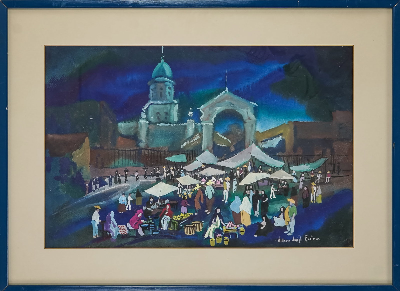 William Joseph Eastman ( AM 1881-1950) Mexican Town Scene: William Joseph Eastman (American 1881-1950) Mexican town scene watercolor and gouache on paper - signed lower right 14 x 21" 20 x 27" as framed. Eastman attended the Cleveland Institute of Art, gradua