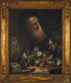19th c Interior with Painter and birds signed R Nicolet