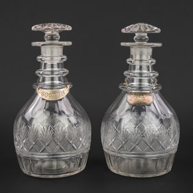 Pair of Cut Glass Decanters with Sterling Tags