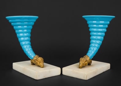 Pair of French Blue Opaline Cornucopia Vases