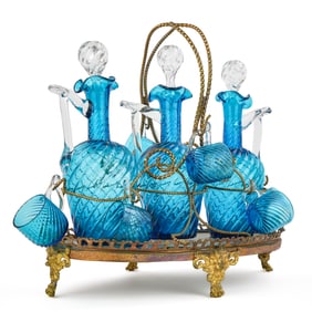 Victorian Blue Glass Decanter Set in Gilt Frame