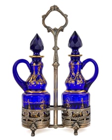 19th c. Gilt Cobalt Cruet Set in Silver Frame