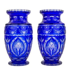 Pair of Cobalt Blue Cut To Clear Crystal Vases