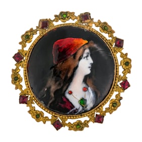 19th c Enamel Portrait Brooch