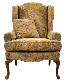 Queen Anne style wing chair in Paisley Fabric