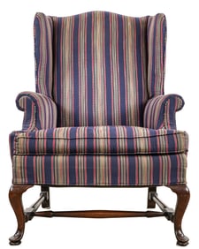 Chippendale Style wing chair in blue striped fabric.