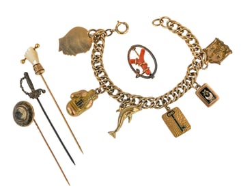 Gold Charm Bracelet & Victorian Stick Pins