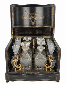 English Brass Inlaid Tantalus Set