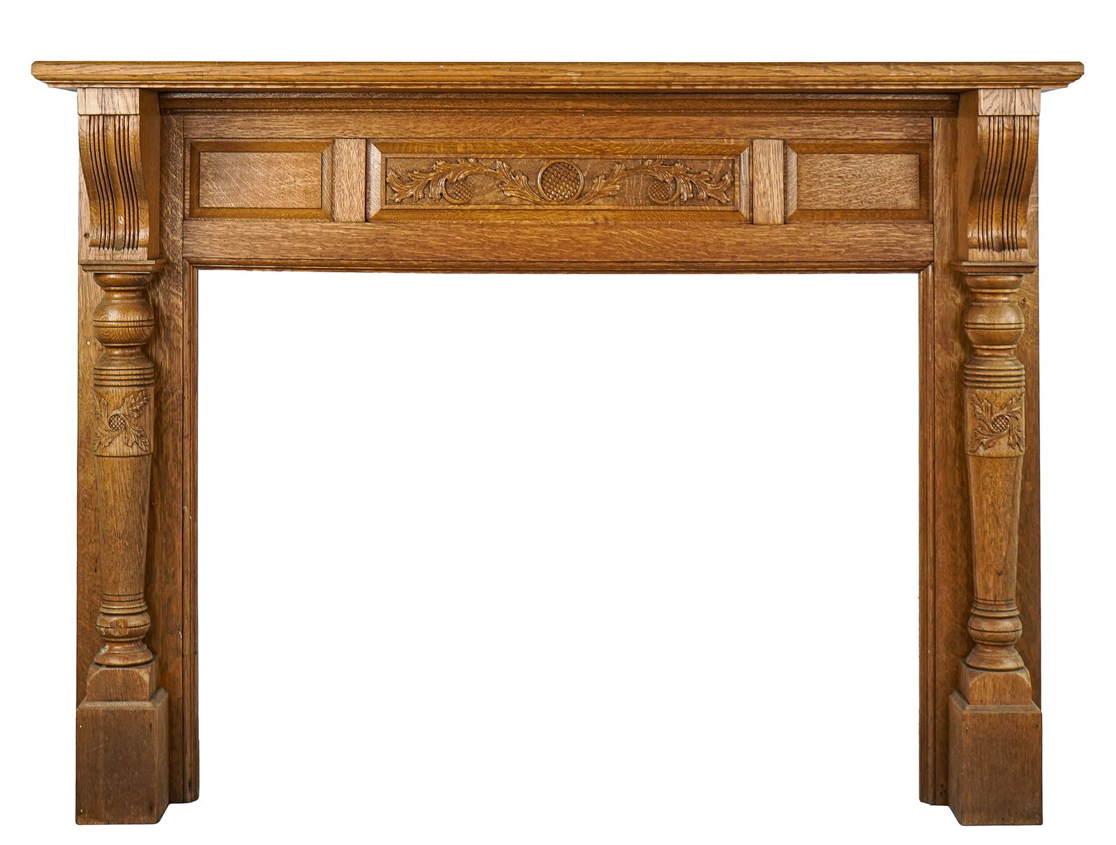 19th Oak Victorian Mantle: 19th Oak Victorian Mantle - with acanthus decoration 49 x 66 x 11" 35 x 48" opening