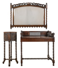 Oak Barley Twist writing desk, Jardiniere and Mirror
