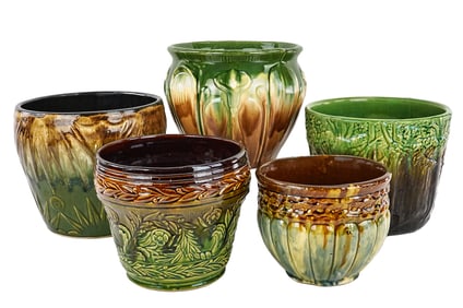 5 Arts and Crafts Era Majolica Jardinieres