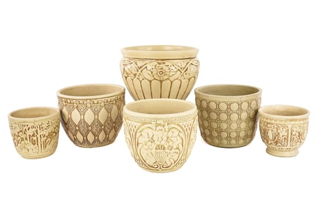 6 Weller Embossed Creamware Pottery Jardinieres