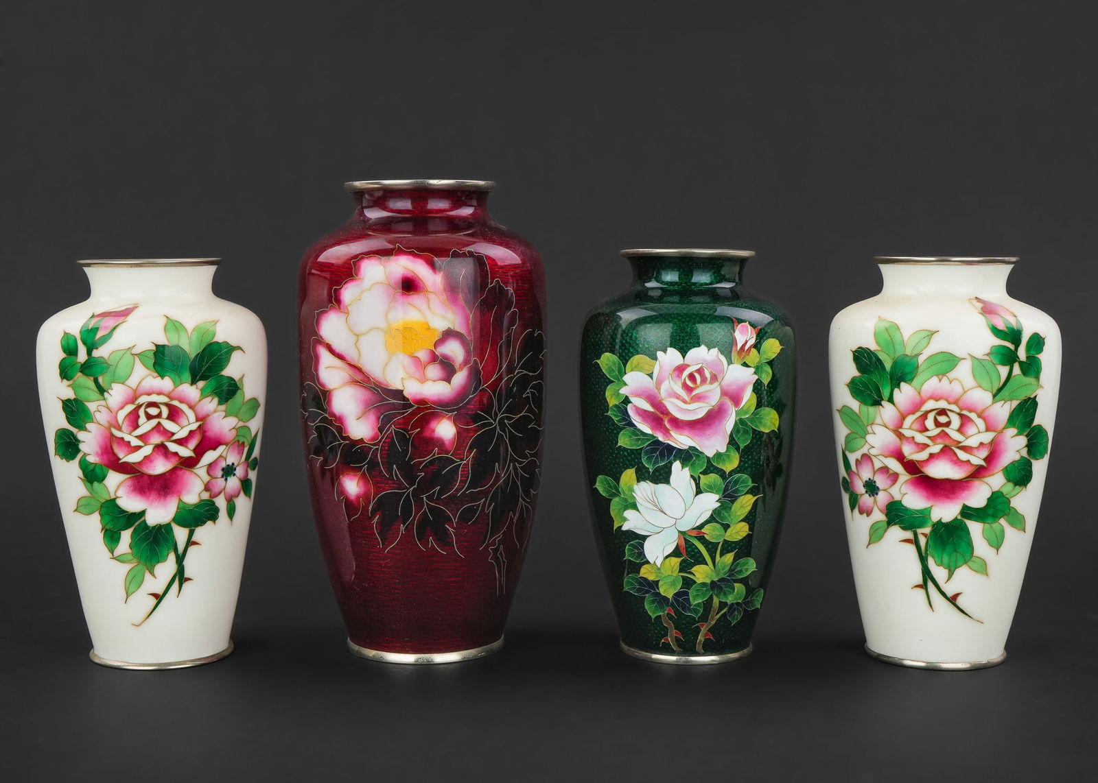 Four 20th c Japanese Cloisonne Vases: Four 20th c Japanese cloisonne vases, silver colored rims, hts 7' to 8 1/2"
