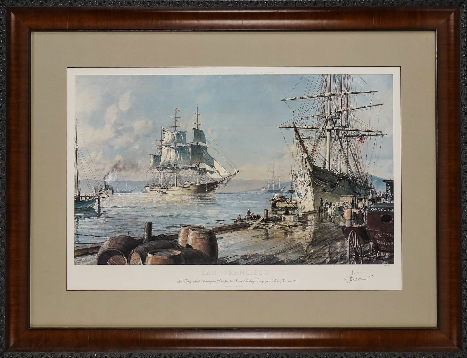 John Stobart (AM 1929-) San Francisco 1857: John Stobart (American 1929-) San Francisco 1857 (The Flying Cloud Arriving in Port) offset lithograph on paper signed lower margin editioned 82/750 plate 19 x 32" 36 x 46" as framed.