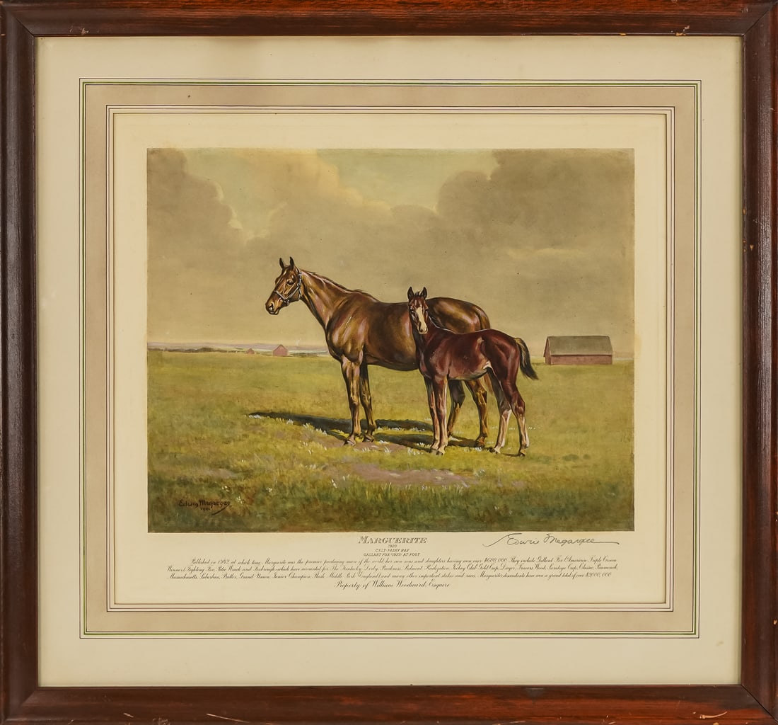 Edwin Megargee (AM 1883-1985) Marguerite: Edwin Megargee (American 1883-1985) Marguerite- aquatint on paper signed lower margin likely Derrydale Press- plat 14 x 17.5" 26 x 28" as framed. Megargee was an American artist who specialized in ani