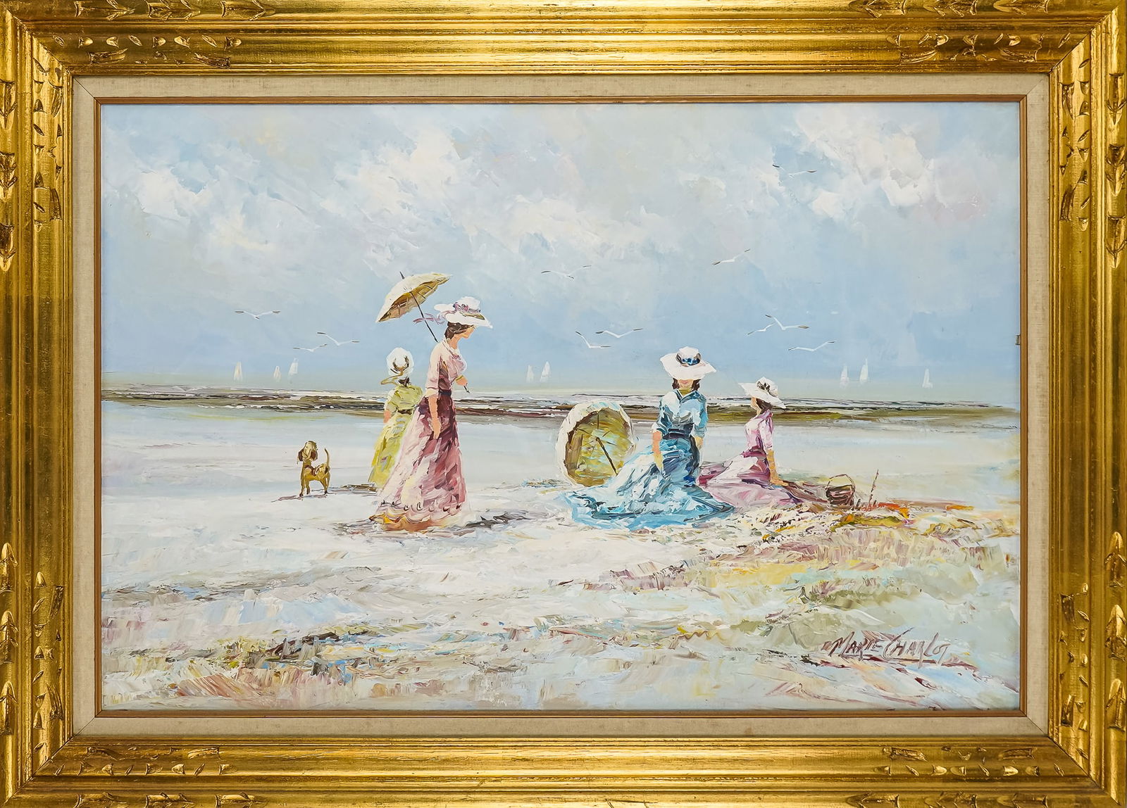 Marie Charlot (FR 20th c) Beach Day: Marie Charlot (French 20th c) Beach Day oil on canvas Collector's Corner studio painting in an impressionist style signed lower left 24 x 36" 31.5 x 44" as framed. - Much like Lee Reynolds and C. Jere